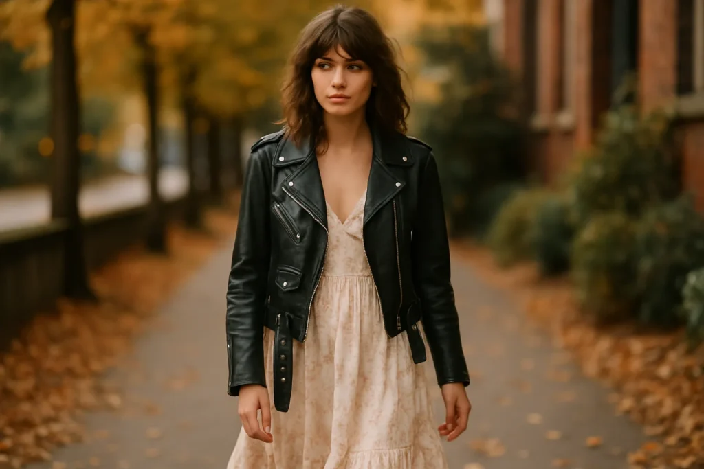 Giacca biker e vestito: 5 outfit autunno nello stile indie sleaze